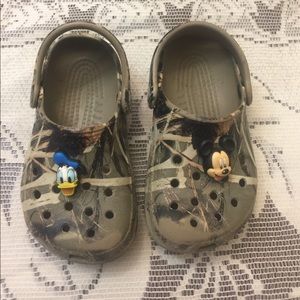 Camo Crocs with Mickey and Donald Jibitz