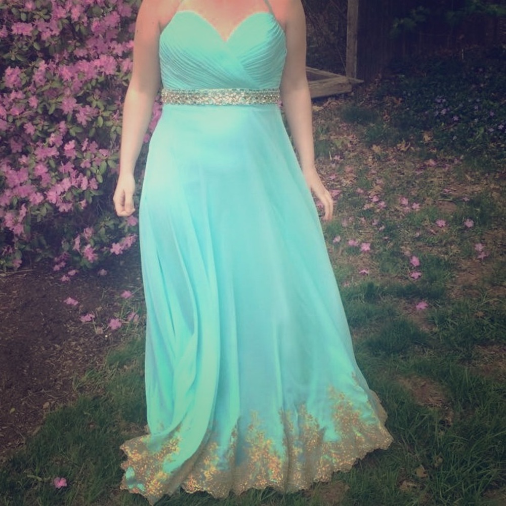 Turquoise Coutoure Gown with Gold Detailing