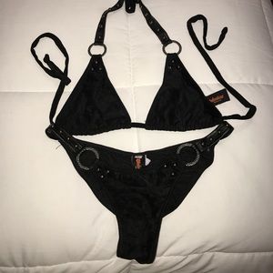 Tiny black biker babe bikini