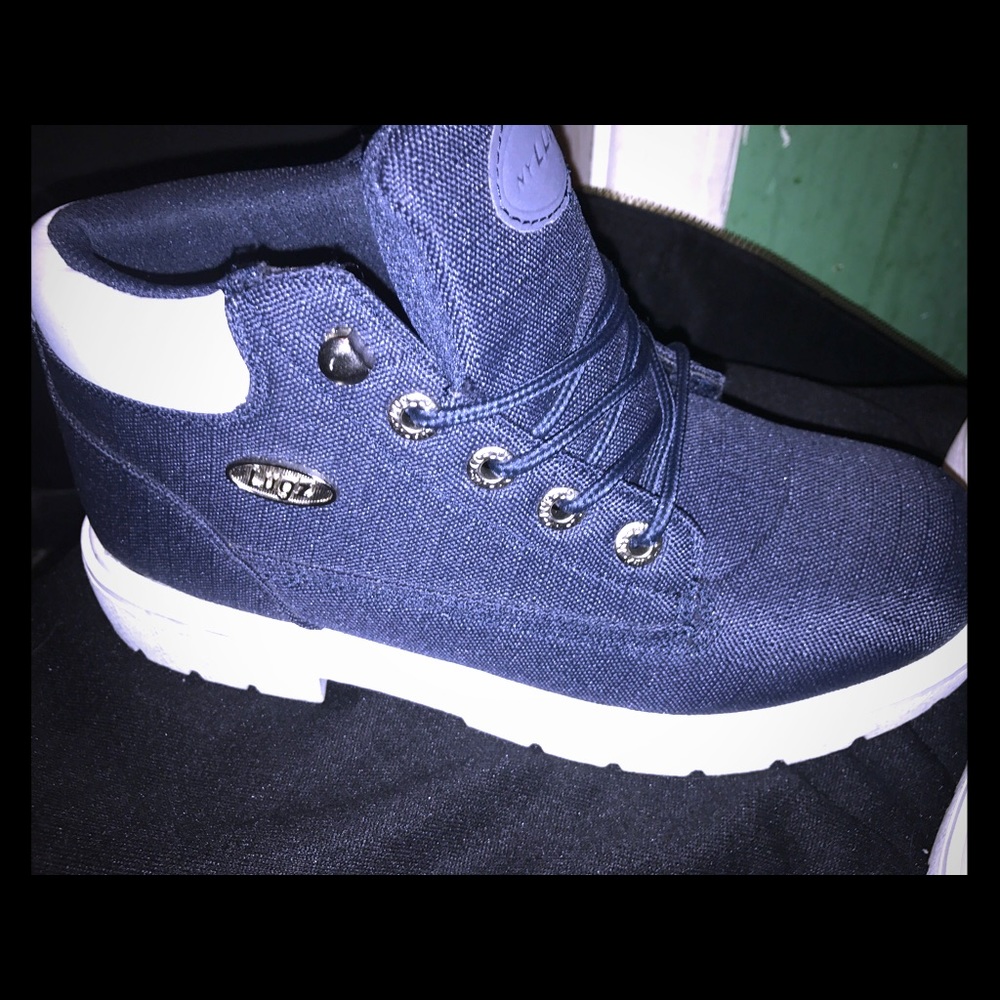 Woman's blue/white Lugz Fashion work boots.