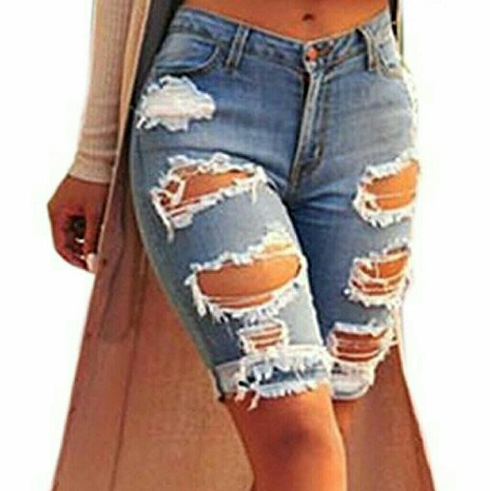 Womens Casual Denim Destroyed Bermuda Shorts Jeans