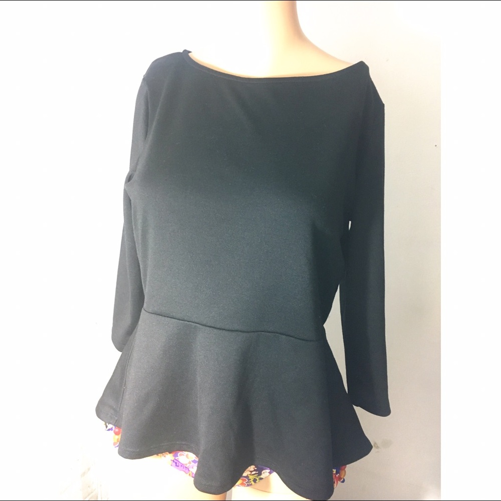 Black peplum large long sleeves circle neck