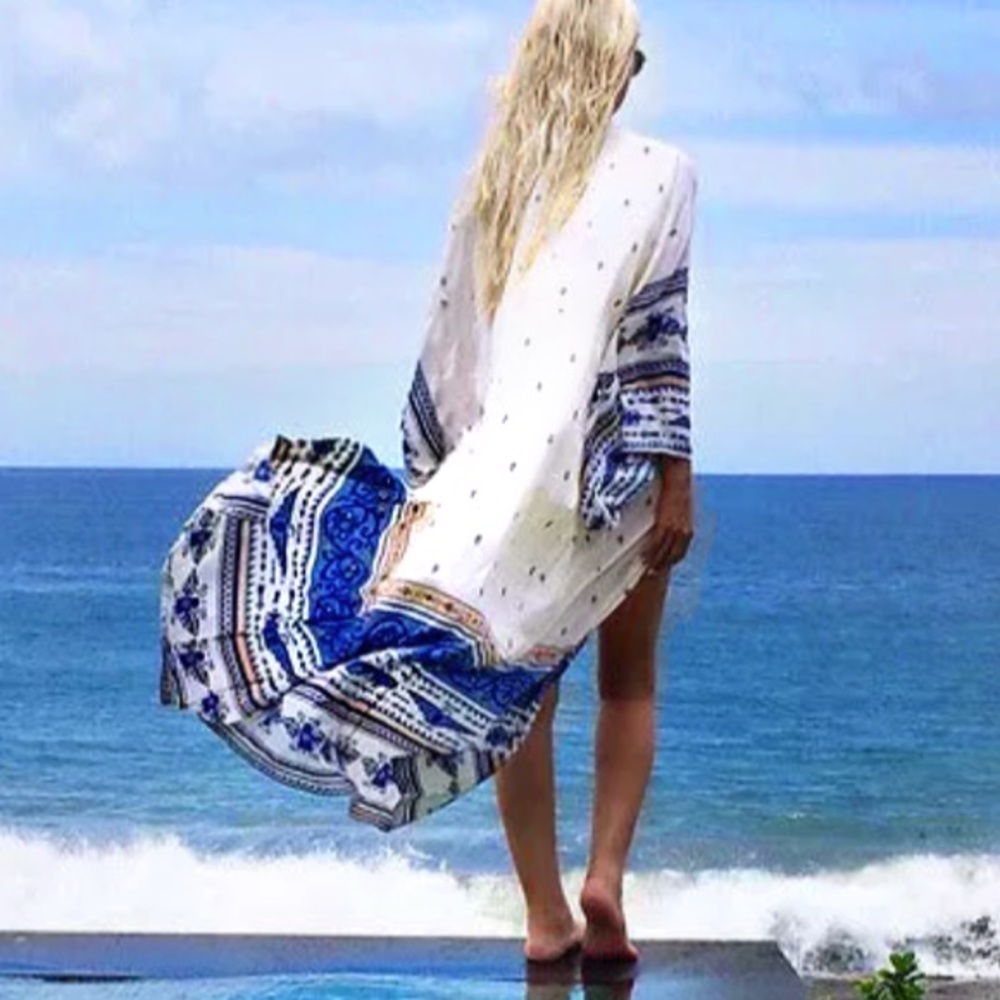 Thunderbird MAXI Kimono COVERUP Robe Blue White