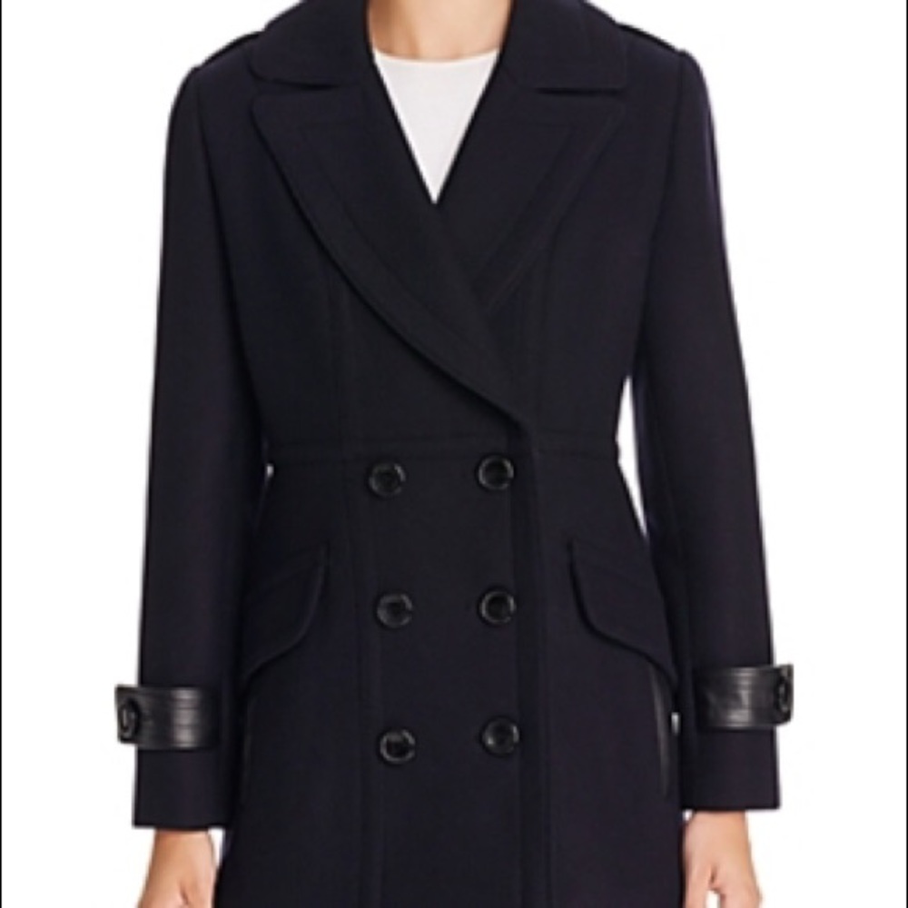 NWT Trina Turk Chloe Leather Trim Black Pea Coat