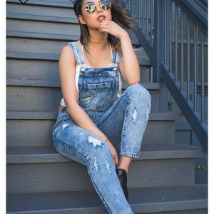 Forever 21 Distressed Denim Overalls