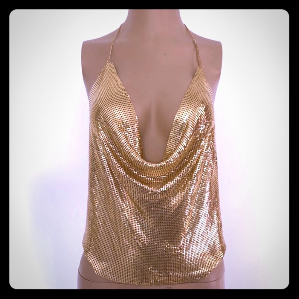 SEXY Women's GOLD METAL MESH PLUNGE DRAPED TOP