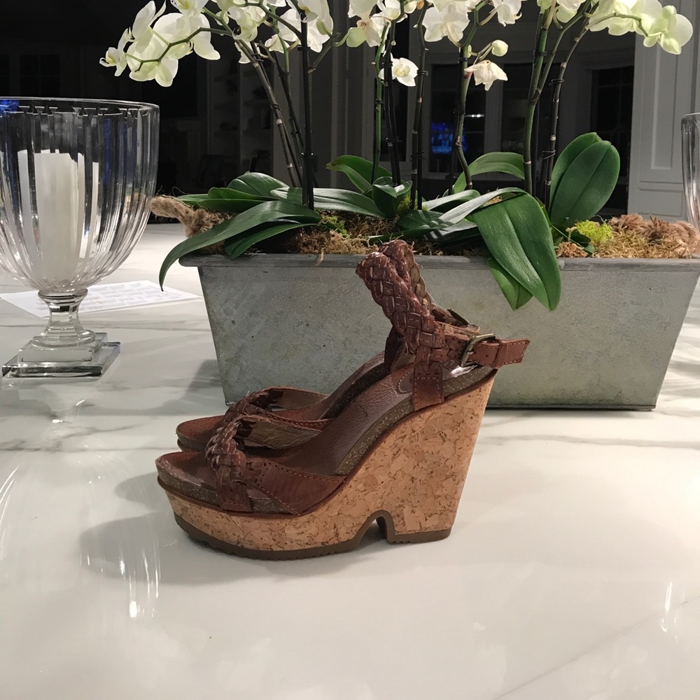 Frye Brown Leather Cork Heels Size 8m