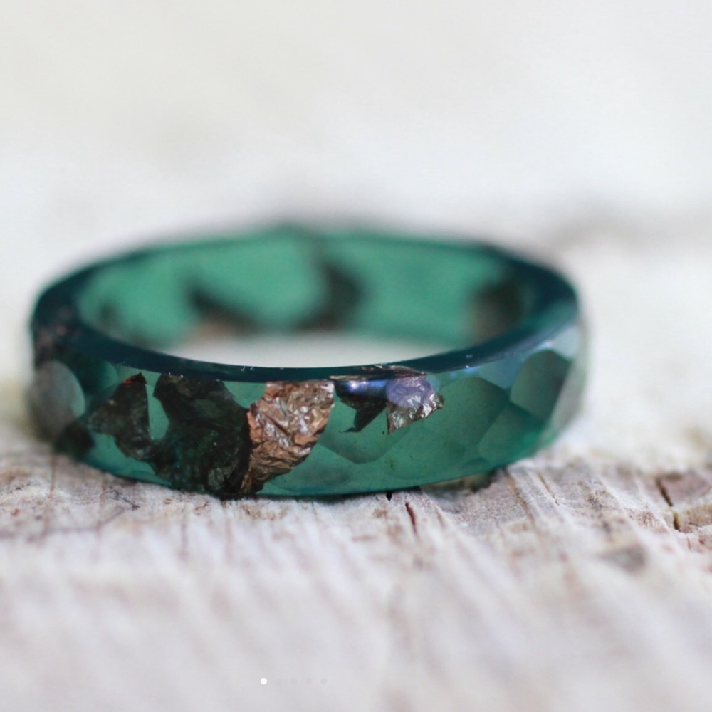 Green Tourmaline Faceted Resin Ring Copper Flakes