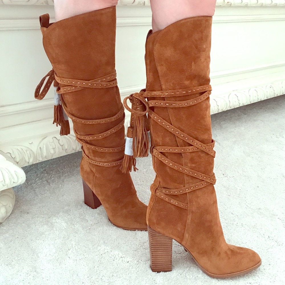 Michael Kors Suede Tassel Wrap Knee High Boots