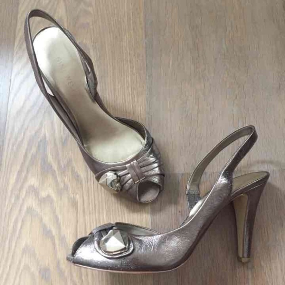 Pewter metallic leather peep toe slingback heels