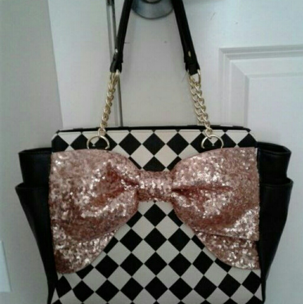 Betsy Johnson sequin pink bow handbag