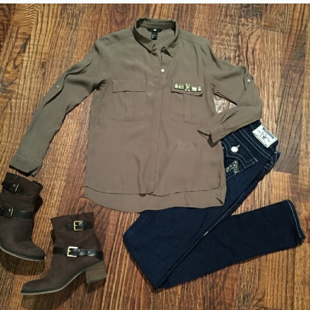 H&M army green, bling blouse