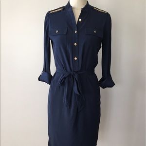 Cache Navy Silk Long Sleeve Dress NWT