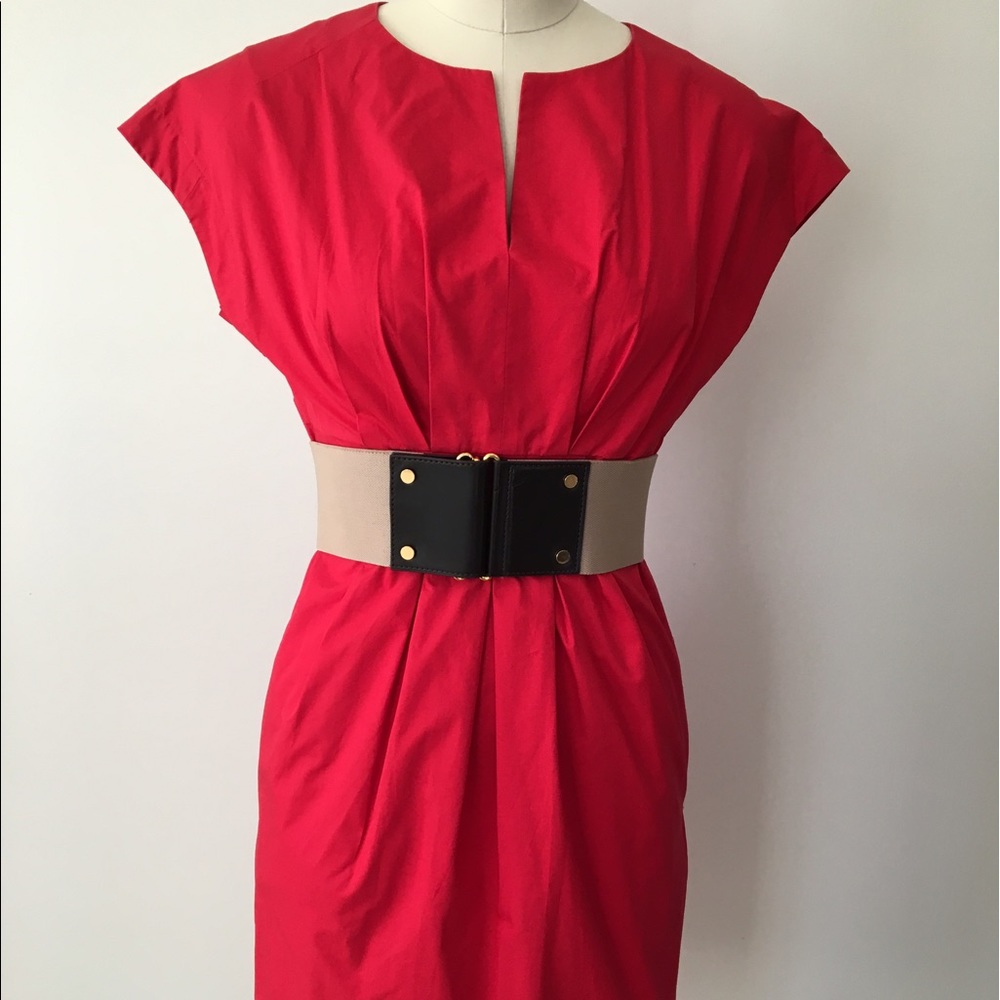 Ann Taylor Petite Red Belted Dress with Pockets