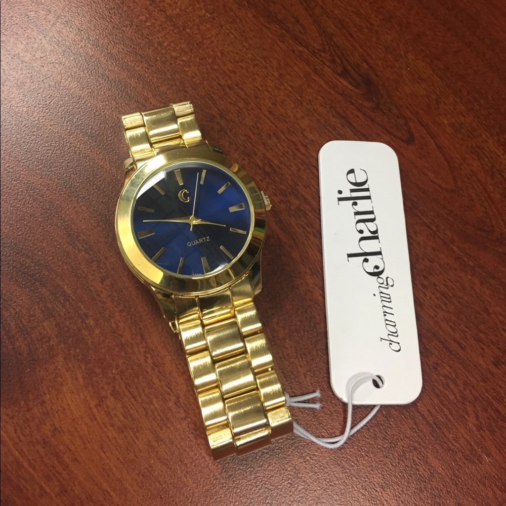 Gold Tone Watch w/ Blue Face
