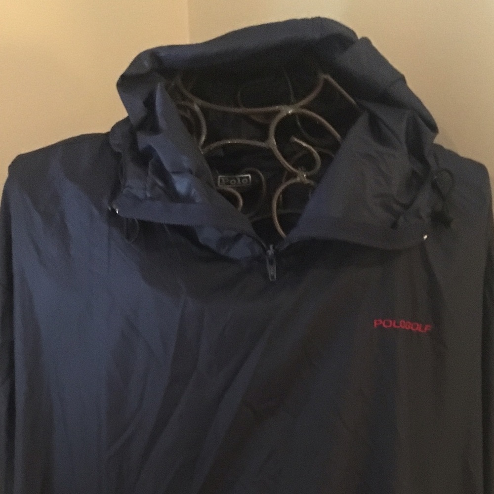 Navy polo golf wind breaker/rain jacket with hood