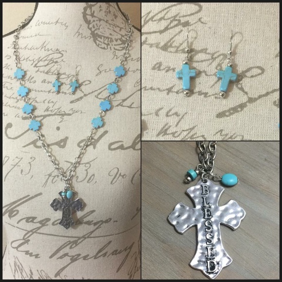 BLESSED Cross Necklace & Earrings 30" - Picture 2 of 4