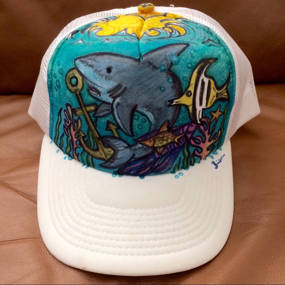 Hand-drawn Shark sea water ocean scene mesh cap