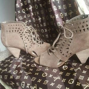 Mocha suede open toe booties