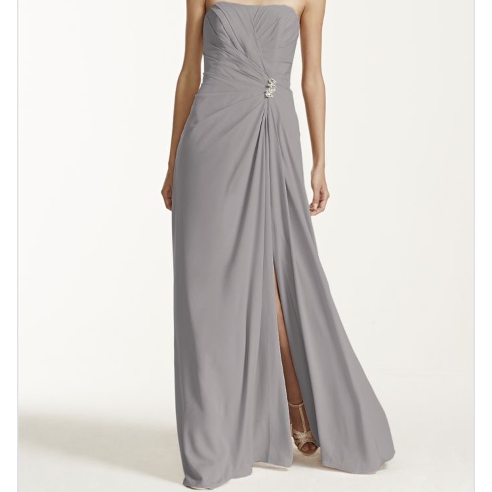 Long Strapless Crepe Dress with Brooch