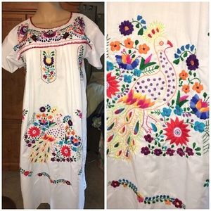 Embroidered Mexican dress white peacock XL