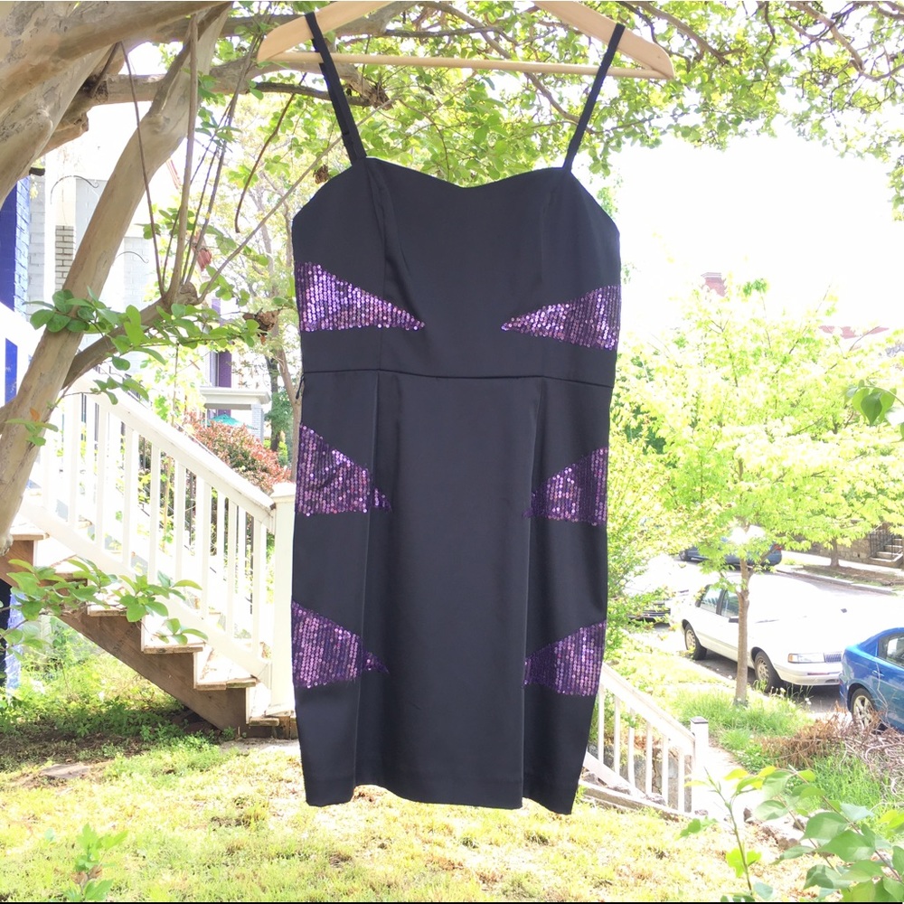 NWT Black mini dress with purple sequin accents