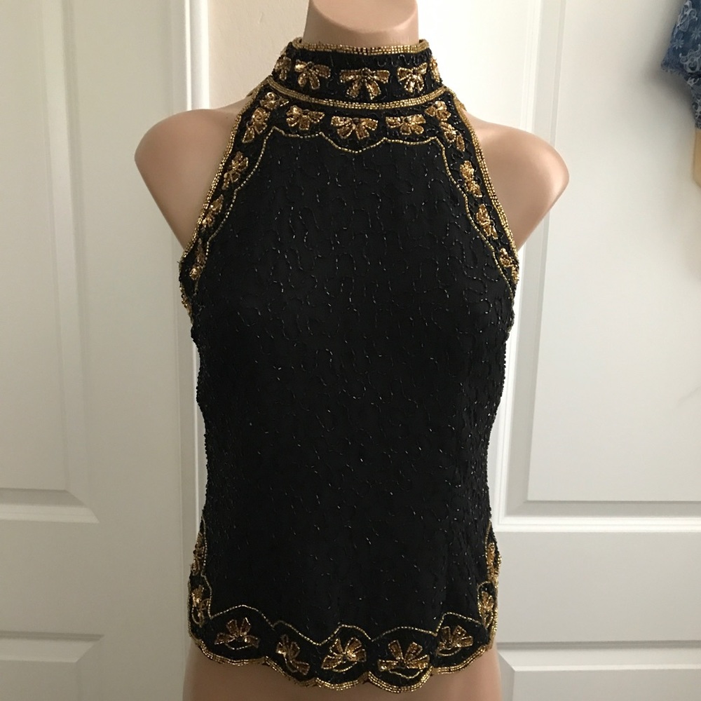 VINTAGE BLOUSE BEADED TURTLENECK SILK SLEEVELESS