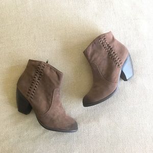 FERGIE brown suede weave heel ankle booties NEW