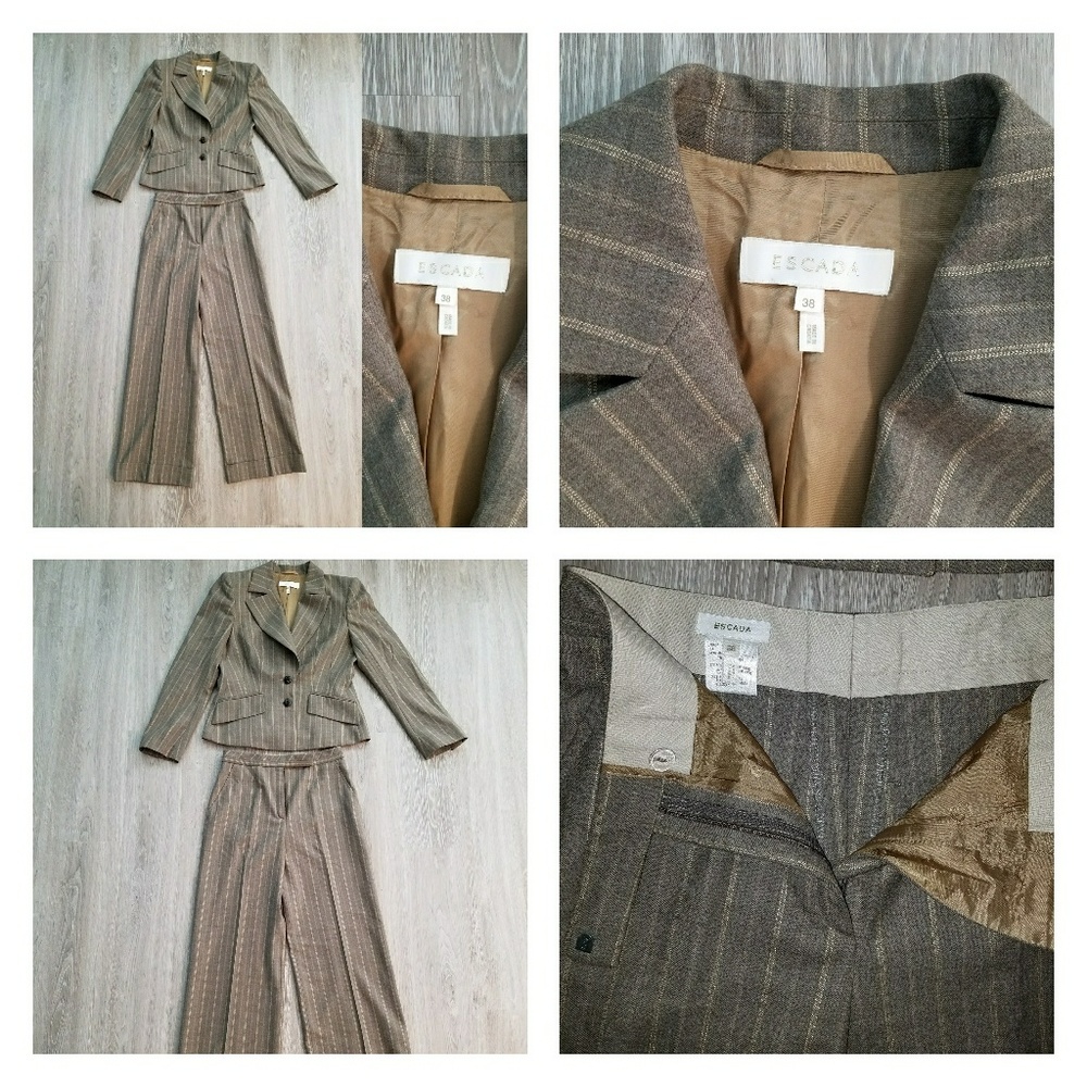 Escada vintage pinstripe pantsuit. Taupe. Sz 36/38