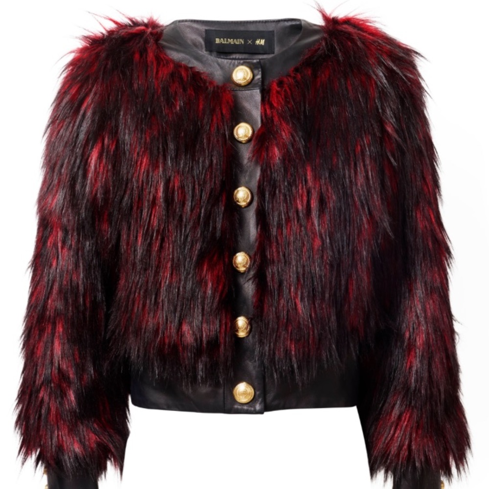 BALMAIN X H&M RED LEATHER FAUX CROP COAT