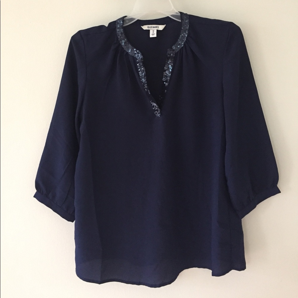 Navy v-neck sequin-embellished tunic top