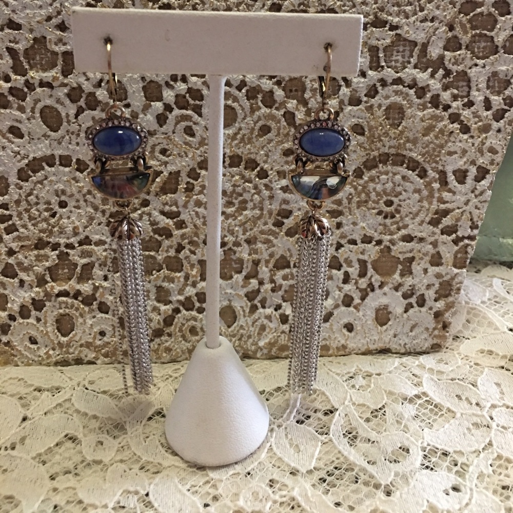 Blue opal lite stone and tassel pierced earrings