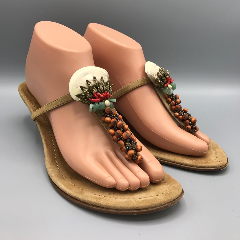 J Crew Italy Thong Shell Beads leather EUC 8 BIN#9