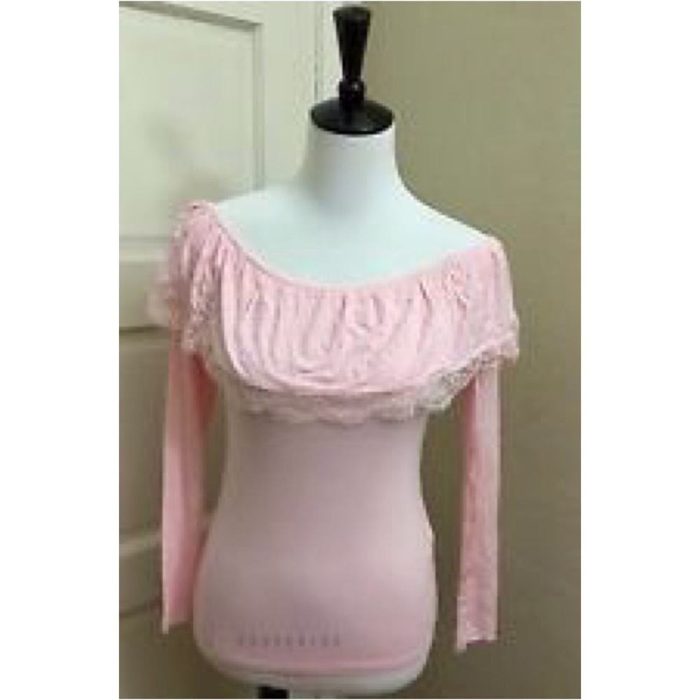 Off Shoulder Ruffle Pink Lace Shirt