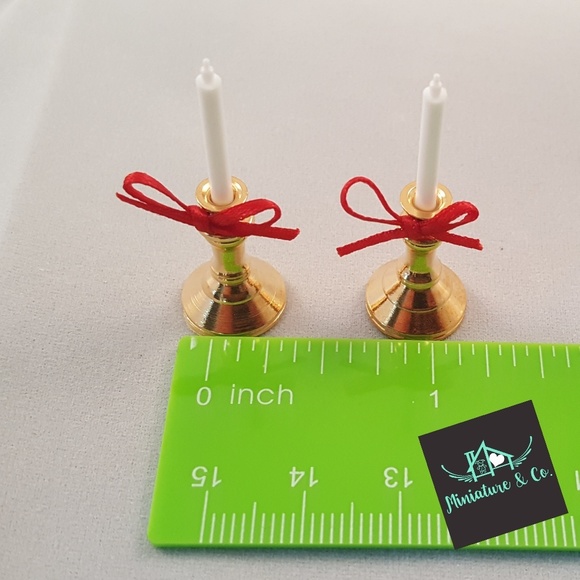 Miniature Brass Candle Sticks Gold white new - Picture 2 of 3