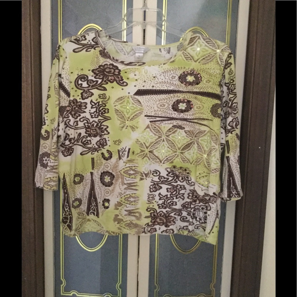 CJ Banks knit top with brown & green sequins
