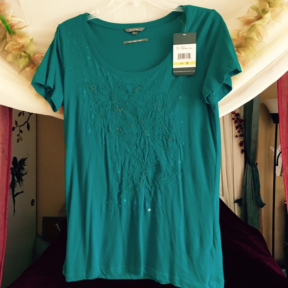 Teal Hand Embellished Tee Shirt