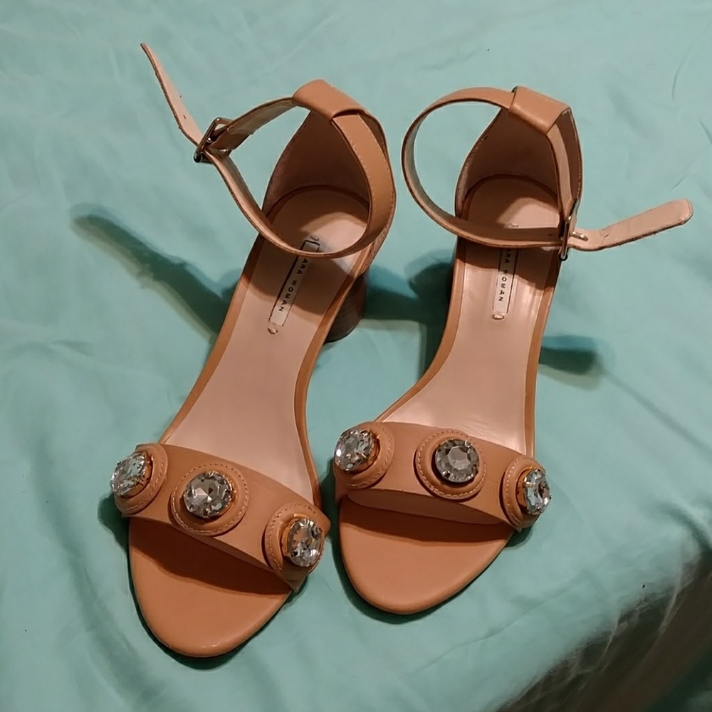 Zara Tan ankle wrap sandals