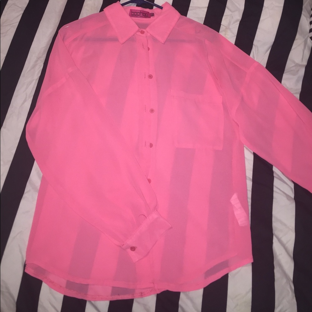 Semi sheer neon pink top with front pocket