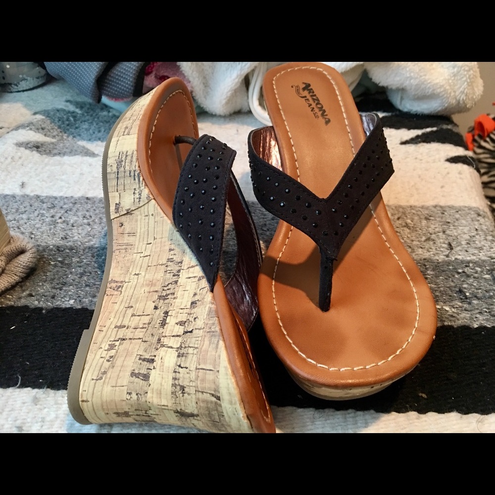 SOLD Black Cork Heel Wedge Sandal Flip Flop Sz 8