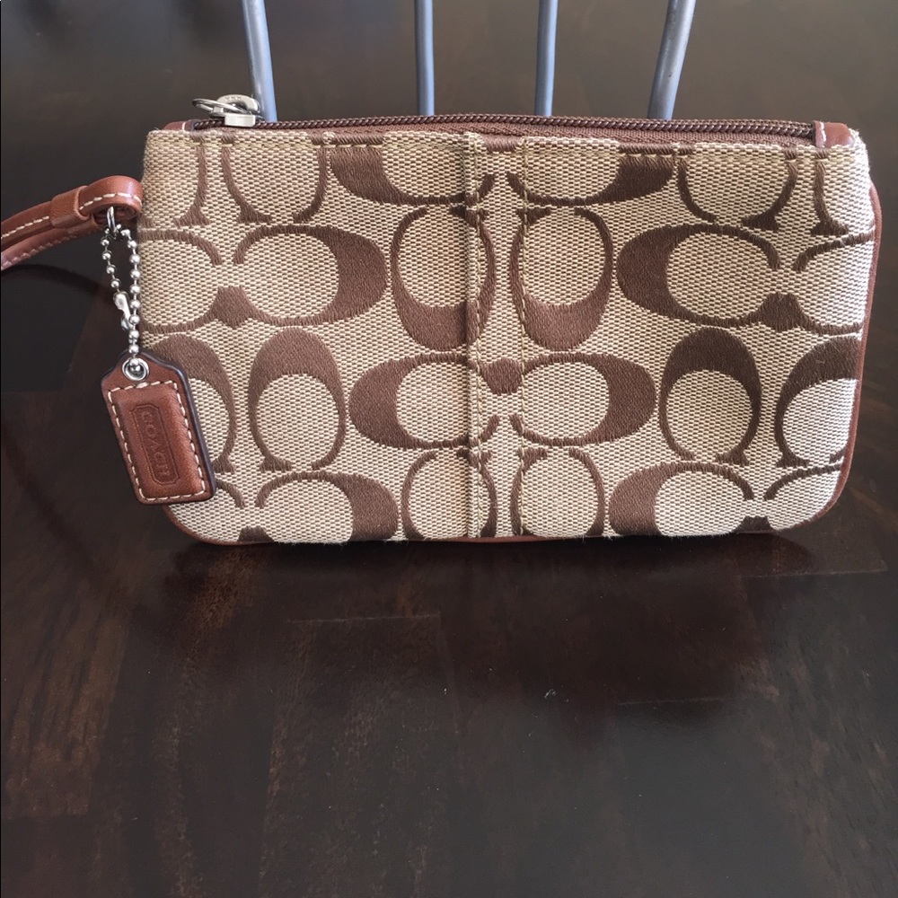 Coach wristlet, brown with beige
