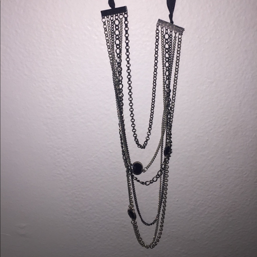 Long layered silver and black necklace