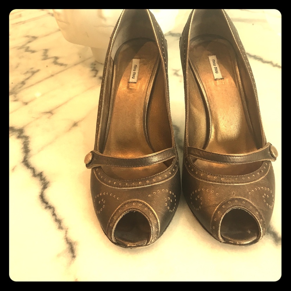 Miu Miu bronze metallic open toe pumps