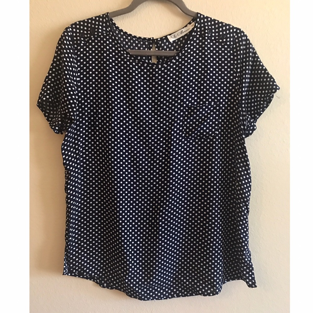 Navy and White Polka Dot Top