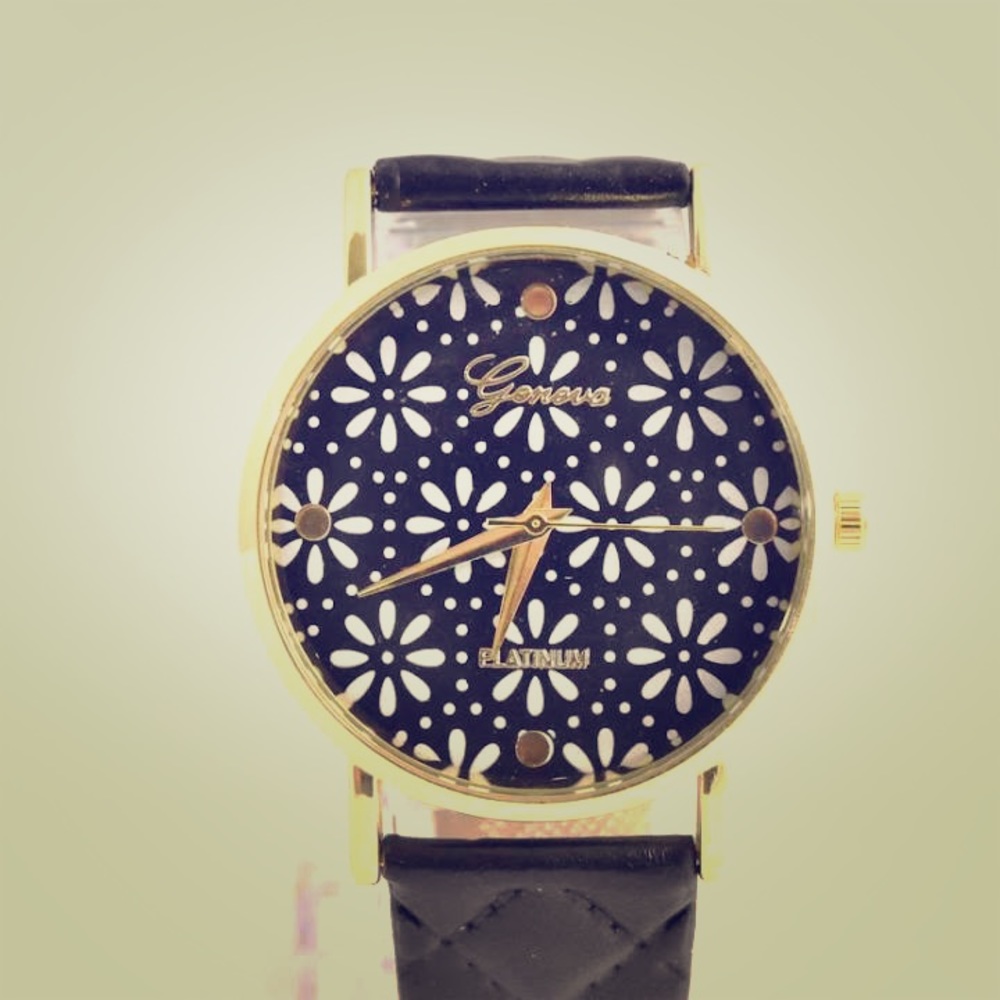 Geneva Floral Black Quilted Wristband Watch