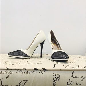 White Heels With Black Net Detailing