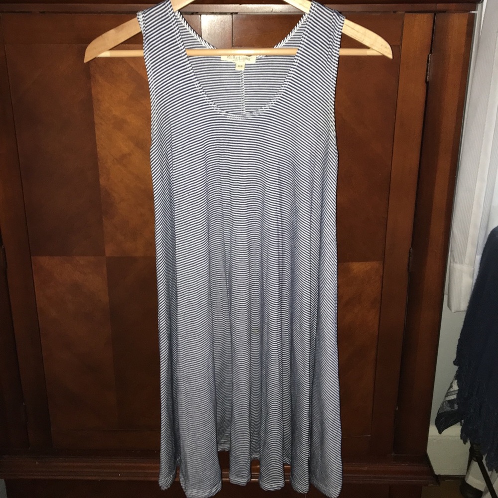Navy blue and white striped cotton swing dress
