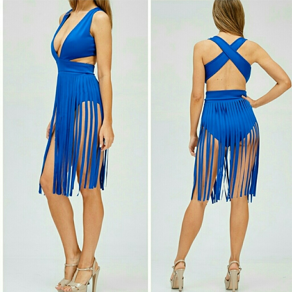 Blue criss-cross fringes bodysuit
