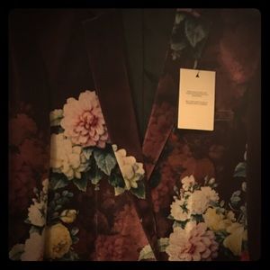 Burgundy velvet blazer with floral pattern