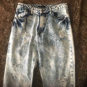 High waisted distressed acid wash mom jeans